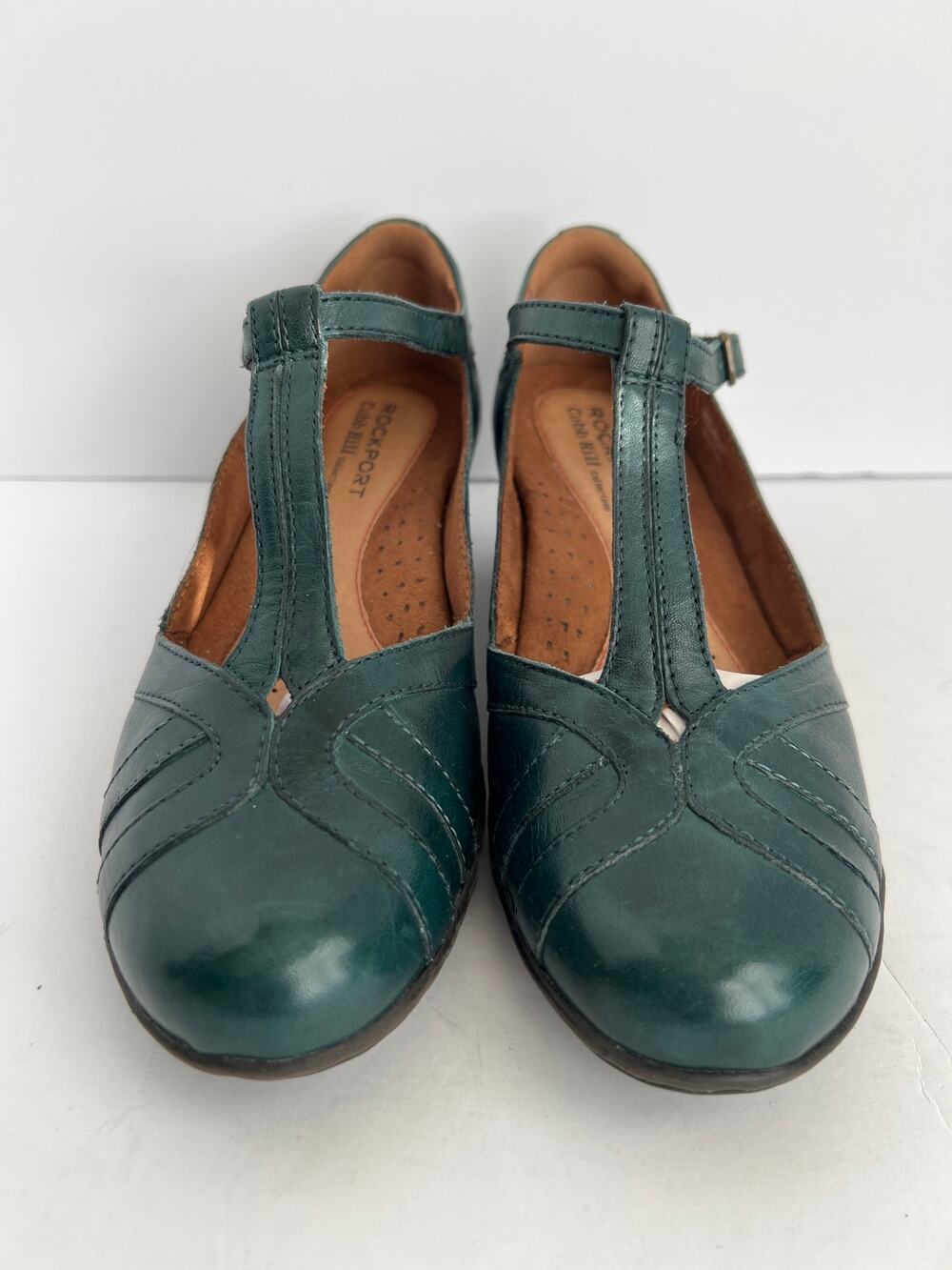 Rockport Cobb Hill Aubrey Leather T Strap Heeled Pumps Teal Green Women Size 7M